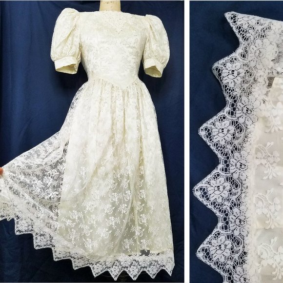 Vintage GUNNE SAX 80s Womens Lace Dress Victorian BridalSatin Lace Prom Dress